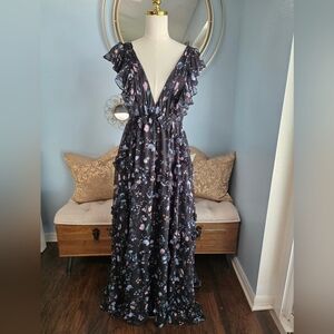 Mac Duggal Ieena Floral Ruffle V-Neck Gown